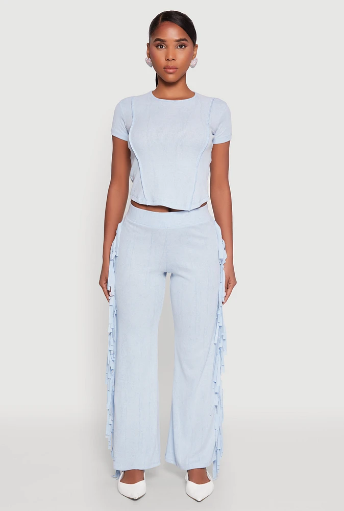 Womens Mineral Wash Rib Knit Fringe Pants,