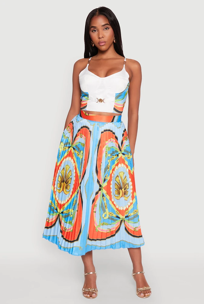 Womens High Waisted Patterned Pleated Skirt, Multi,