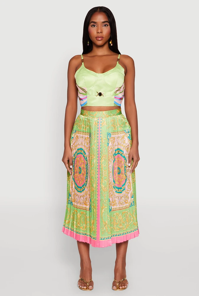 Womens High Waisted Patterned Pleated Skirt, Multi, Size M