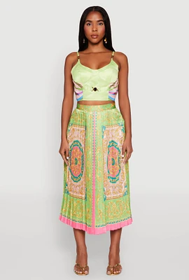 Womens High Waisted Patterned Pleated Skirt, Multi, Size M