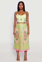 Womens High Waisted Patterned Pleated Skirt, Multi, Size M