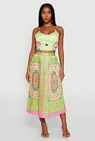 Womens High Waisted Patterned Pleated Skirt, Multi, Size M