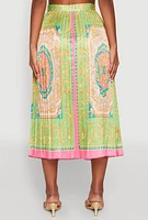 Womens High Waisted Patterned Pleated Skirt, Multi, Size M