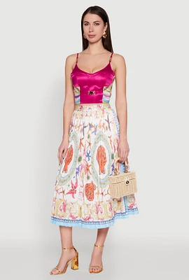Womens High Waisted Patterned Pleated Skirt, Multi, Size L