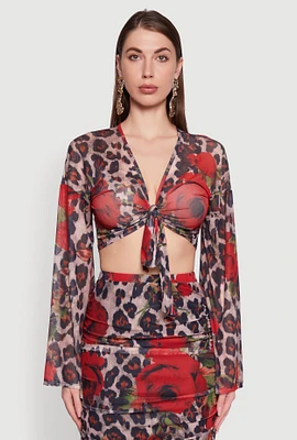 Womens Mesh Jaguar Rose Print Tie Front Crop Top, Multi, Size S
