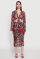 Womens Mesh Jaguar Rose Print Tie Front Crop Top, Multi, Size S
