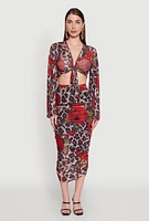 Womens Mesh Jaguar Rose Print Tie Front Crop Top, Multi, Size S