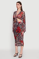 Womens Mesh Jaguar Rose Print Tie Front Crop Top, Multi, Size S