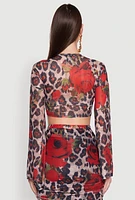 Womens Mesh Jaguar Rose Print Tie Front Crop Top, Multi, Size S
