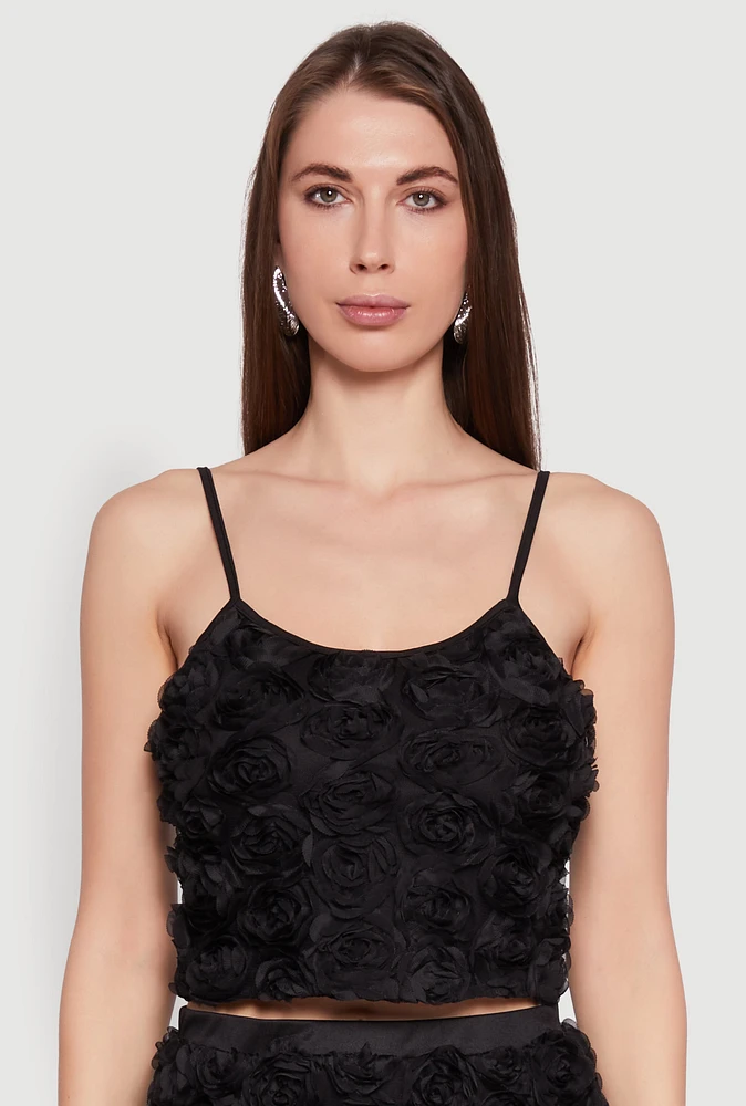 Womens 3D Flower Cropped Cami, Black, Size L