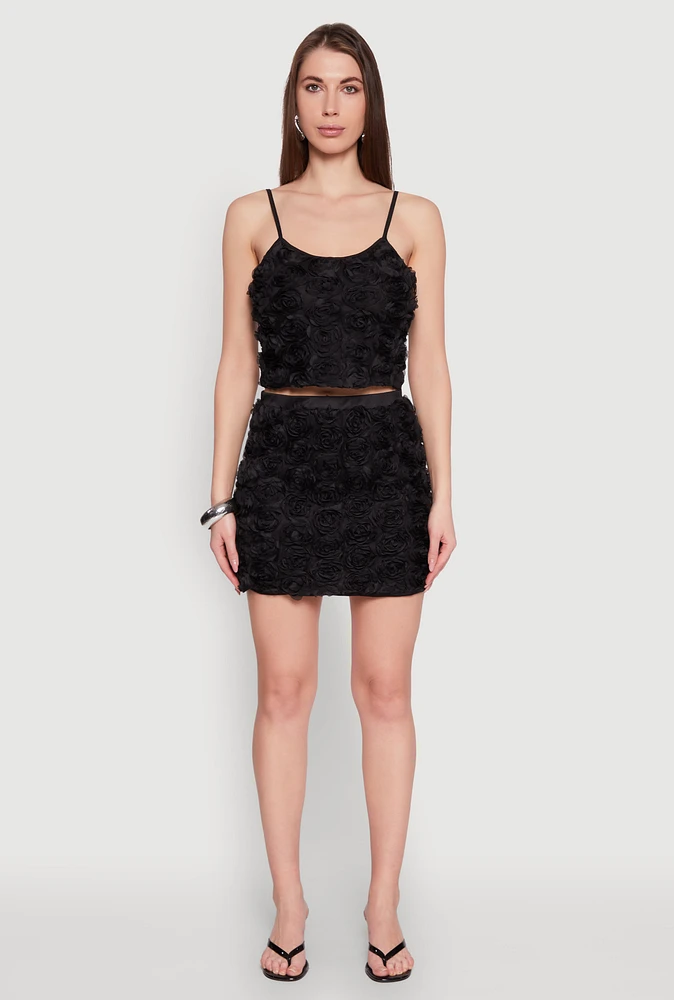 Womens Rose Applique Mini Skirt, Black, Size M