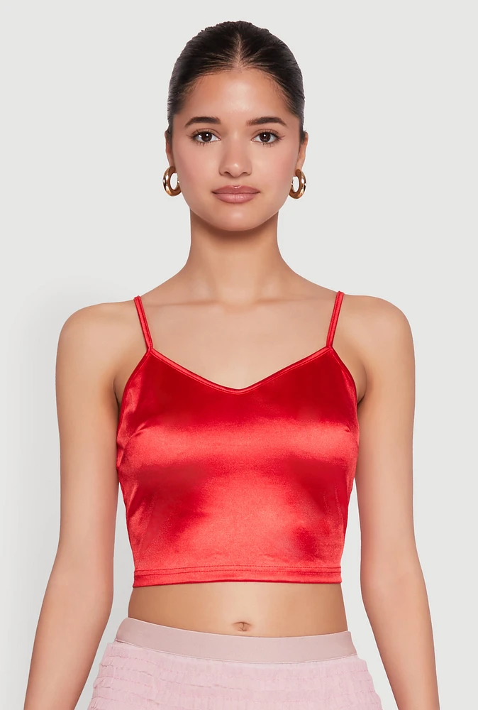 Womens Satin V Neck Crop Top, Red, Size XL
