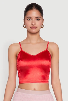 Womens Satin V Neck Crop Top, Red, Size XL