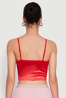 Womens Satin V Neck Crop Top, Red,