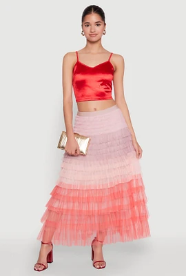 Womens Color Blocked Tulle Tiered Skirt, Pink, Size L
