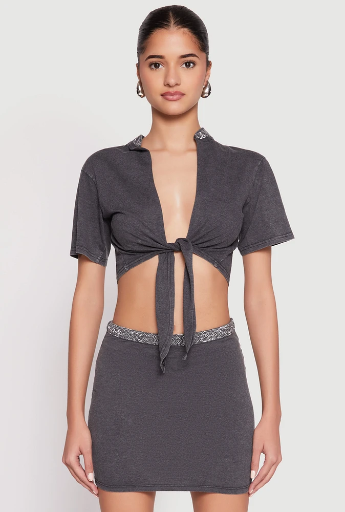 Womens Rhinestone Collar Tie Front Crop Top, Grey, Size XL