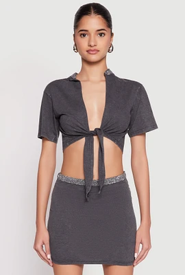 Womens Rhinestone Collar Tie Front Crop Top, Grey, Size XL