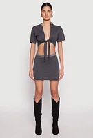 Womens Rhinestone Collar Tie Front Crop Top, Grey, Size XL
