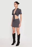 Womens Rhinestone Collar Tie Front Crop Top, Grey, Size XL