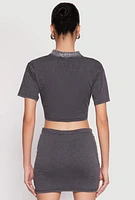 Womens Rhinestone Collar Tie Front Crop Top, Grey, Size XL