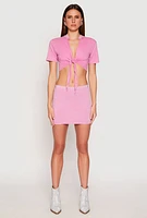 Womens Rhinestone Collar Tie Front Crop Top, Pink, Size L