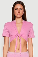 Womens Rhinestone Collar Tie Front Crop Top, Pink, Size L