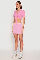 Womens Rhinestone Collar Tie Front Crop Top, Pink, Size L
