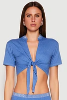 Womens Rhinestone Collar Tie Front Crop Top,