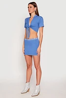 Womens Rhinestone Collar Tie Front Crop Top,