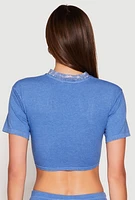 Womens Rhinestone Collar Tie Front Crop Top,