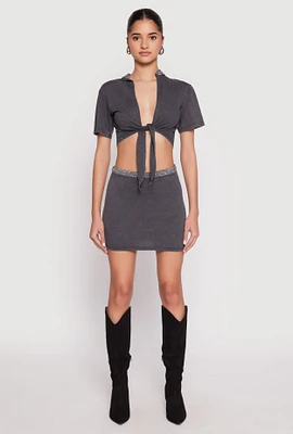 Womens Rhinestone Waist Mini Skirt, Grey, Size M