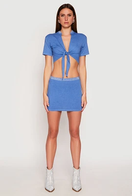 Womens Rhinestone Waist Mini Skirt, Blue, Size XL