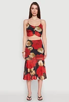 Womens Mesh Rose Print Ruffled Hem Skirt, Multi, Size L