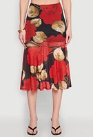 Womens Mesh Rose Print Ruffled Hem Skirt, Multi, Size L