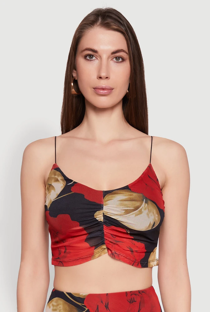 Womens Mesh Rose Print Ruched Crop Top, Multi, Size XL