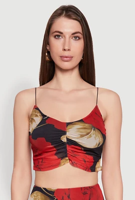 Womens Mesh Rose Print Ruched Crop Top, Multi, Size XL