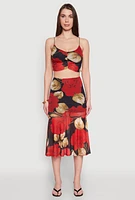 Womens Mesh Rose Print Ruched Crop Top, Multi, Size XL
