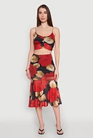 Womens Mesh Rose Print Ruched Crop Top, Multi, Size XL