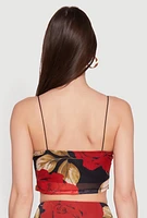Womens Mesh Rose Print Ruched Crop Top, Multi, Size XL