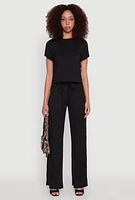 Womens Trendy Textured Knit Cropped Crew Neck Top, Black, Size S