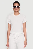 Womens Trendy Textured Knit Cropped Crew Neck Top, White, Size S