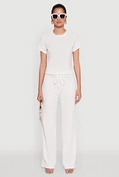 Womens Trendy Textured Knit Cropped Crew Neck Top, White, Size S