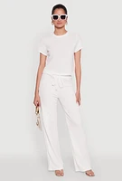 Womens Trendy Textured Knit Cropped Crew Neck Top, White, Size S