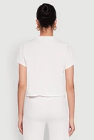 Womens Trendy Textured Knit Cropped Crew Neck Top, White, Size S