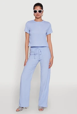 Womens Casual Textured Knit Straight Leg Pants with Faux Drawstring, Blue, Size S