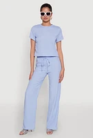 Womens Casual Textured Knit Straight Leg Pants with Faux Drawstring, Blue, Size S