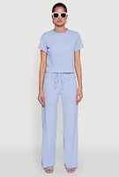 Womens Casual Textured Knit Straight Leg Pants with Faux Drawstring, Blue, Size S