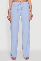 Womens Casual Textured Knit Straight Leg Pants with Faux Drawstring, Blue, Size S