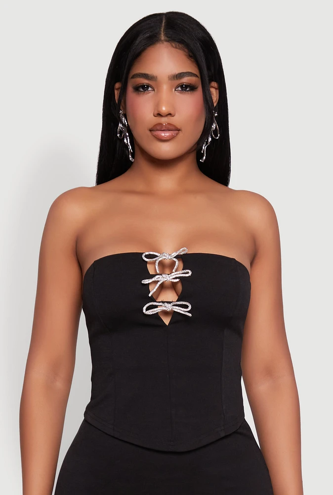 Womens Rhinestone Bow Detail Corset Tube Top, Black, Size L