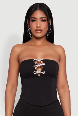 Womens Rhinestone Bow Detail Corset Tube Top, Black, Size L